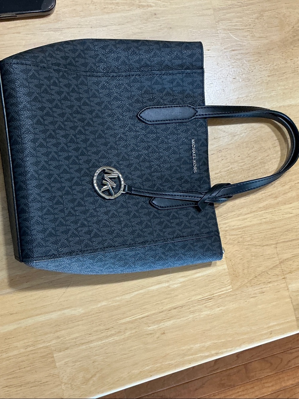 Michael Kors Black Monogram Tote with Gold MK Charm